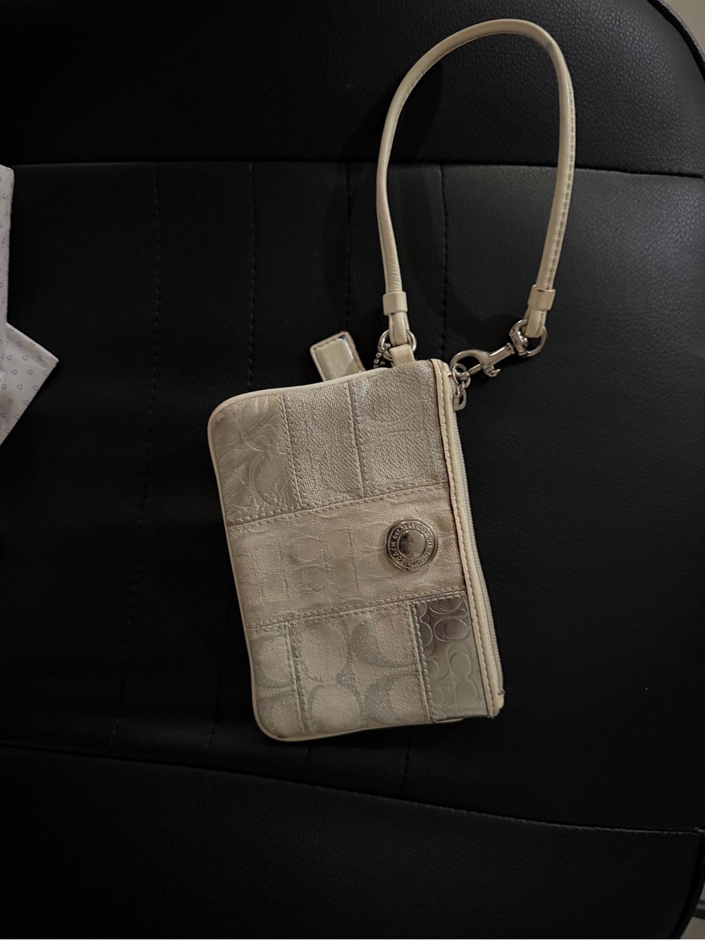 Coach Cream Patchwork Signature Wristlet with Logo Medallion